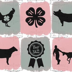 May include: Six illustrated squares with a pink and gray background. The squares feature black silhouettes of a rooster, a four-leaf clover with the letters "4-H", a pig, a cow, a ribbon with the text "Best in Show", and a person leading a goat.