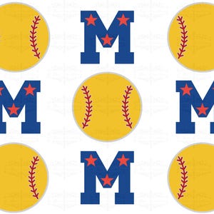 Puede incluir: Un conjunto de siete decoraciones de softball de color amarillo y rojo con las letras "MOM" en azul con estrellas rojas.