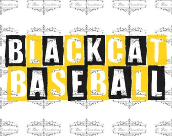 Può includere: Testo grafico nero e giallo che recita "BLACKCAT BASEBALL".