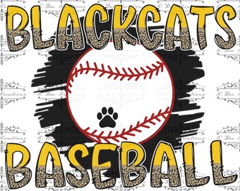 Può includere: Grafica nera e gialla con il testo "Blackcats Baseball" in un font a stampa leopardata. Una palla da baseball con cuciture rosse è al centro della grafica.