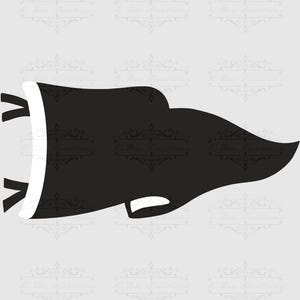 May include: A black and white banner with a curved shape and a white border. The banner has a long, flowing tail on the right side and two black ties on the left side. The banner is a decorative element.