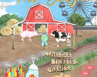 Fair Season PNG, County Fair Design, Barn, Ferris Wheel (Digital Download)