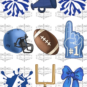Cheer and Football Croquette Bow PNG for Sublimation, Cheer Digital Download, Blue and white PNG, Blue Pom Poms PNG, Football digital design