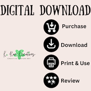Puede incluir: Instrucciones de descarga digital con iconos para comprar, descargar, imprimir y usar, y revisar. El texto "K. Rae Kreations Creative Custom Art" est&aacute; en la esquina inferior izquierda.