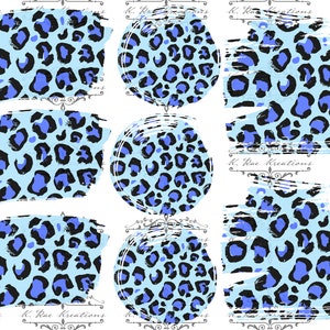 May include: A set of six digital clipart images featuring a blue and black leopard print pattern. The images are in various shapes, including circles, squares, and rectangles. The pattern is abstract and has a distressed, grunge-like effect.