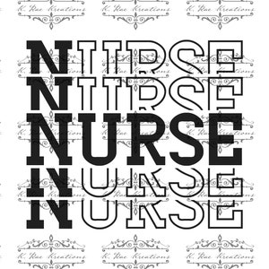 Op de afbeelding: Zwart-wit grafisch ontwerp van het woord "NURSE" dat vier keer wordt herhaald, waarbij elke herhaling iets verschuift ten opzichte van degene erboven.