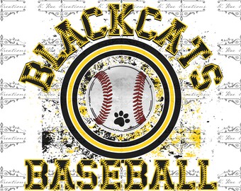 Può includere: Grafica in nero e giallo con il testo "Blackcats Baseball" e una palla da baseball con un'impronta di zampa al centro.