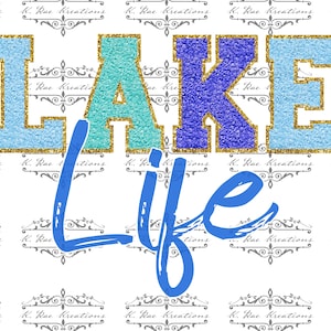 Op de afbeelding: Een blauwe en gouden glitterafbeelding met de tekst "LAKE Life" op een witte achtergrond.