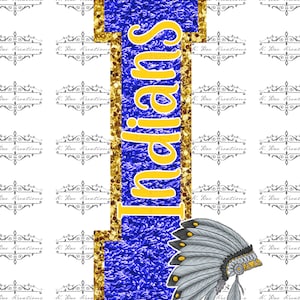 May include: A gold and blue glitter background with the word "Indians" in yellow letters. A gray and white headdress with yellow accents is on the right side of the image.
