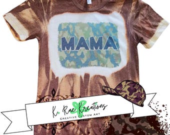 迷彩柄「MAMA」ブリーチTシャツ：レディースMサイズ、一点もの