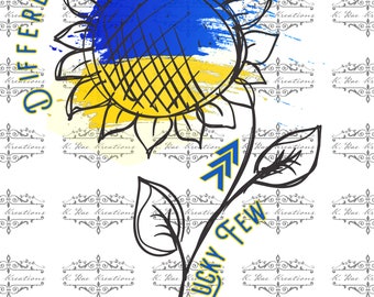 May include: A black and white illustration of a sunflower with blue and yellow watercolor accents. The sunflower is growing from a stem with leaves and an arrow pointing upwards. The text "Different is Beautiful" is written in a circle around the sunflower and the text "The Lucky Few" is written along the stem.