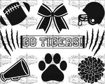 May include: Black and white clipart images of a football, a bow, a football helmet, a paw print, a megaphone, a cheerleading pom-pom, and a set of tiger claws. The text "GO TIGERS!" is in the center of the image.