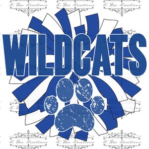 Wildcats Cheer pom blue and white with distressed paw PNG for sublimation, Wildcats Cheer digital download, Blue and White school Spirit PNG
