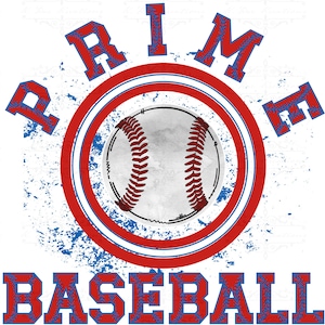 Könnte beinhalten: Eine rot-weiß-blaue Grafik mit dem Wort "PRIME" in blauen Buchstaben und "BASEBALL" in roten Buchstaben. Ein Baseball befindet sich in der Mitte der Grafik.