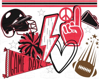 Op de afbeelding: Een rode en zwarte game day-afbeelding met een voetbalhelm, een vredesteken, een bliksem, een hart, een megafoon, een pompon, een voetbal, een omhoog wijzende vinger en de woorden "GAME DAY".