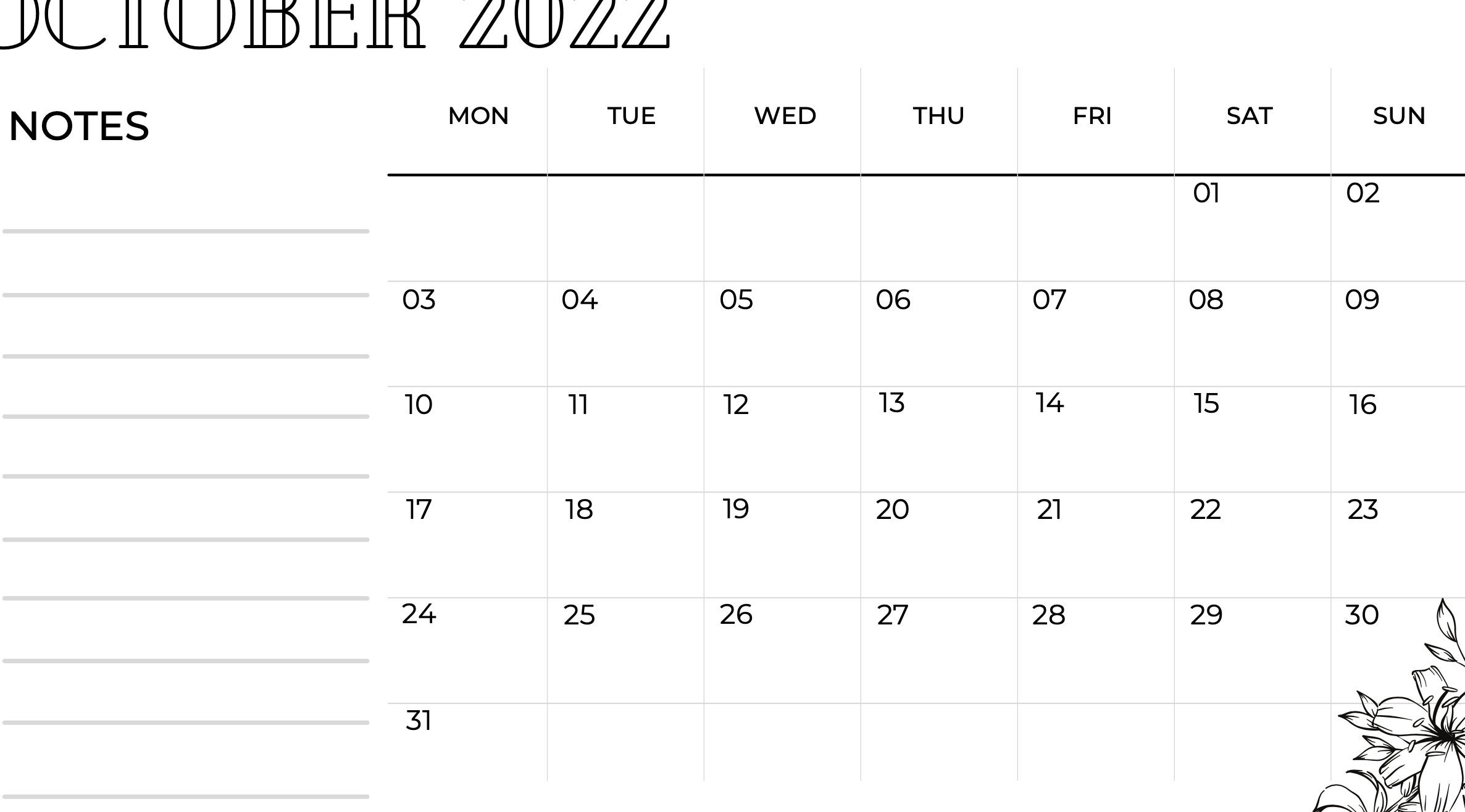 October 2022 Floral Printable Calendar Desk Calendar Wall | Etsy