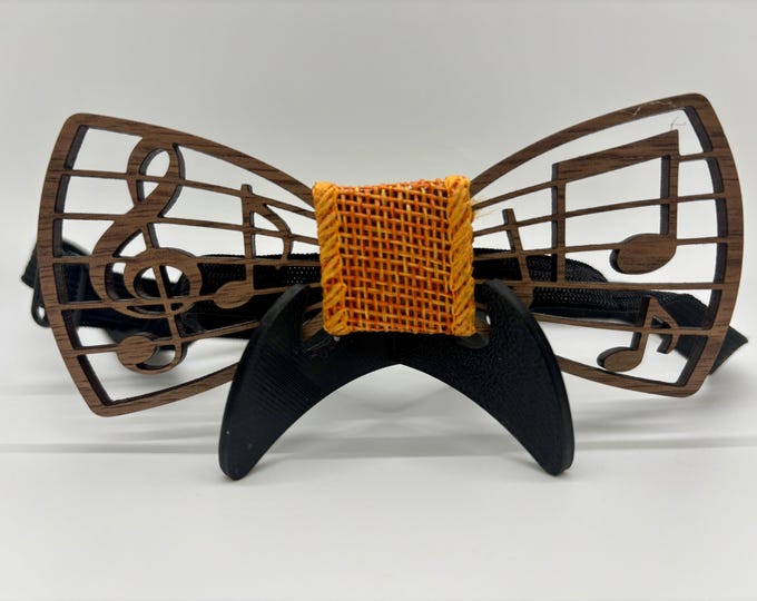 Handmade Wooden Bow Tie | Music Note Design | Walnut Wood Laser Cut Bowtie | Musician Gift, Groomsmen, Prom, Wedding, Formal Accessory