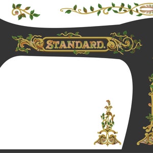 May include: A black vintage sewing machine with gold and green floral embellishments. The machine has a nameplate that reads "STANDARD."