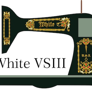 May include: A vintage green White VSIII sewing machine with gold accents and ornate floral designs. The machine has a foot pedal and a hand crank.