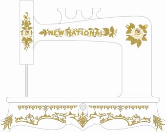 Neu National Sewing Machine Waterslide Decals (goldfarbene filigrane Basis)
