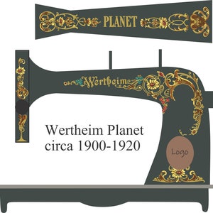 以下が含まれることがあります： ゴールドのアクセントが付いたヴィンテージグリーンのミシンで、"Wertheim Planet circa 1900-1920"と"Logo"の文字が書かれています。