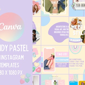 May include: A set of 30 Instagram templates in pastel colors with candy-themed graphics. The templates feature a variety of designs, including hearts, rainbows, and text boxes. The templates are perfect for promoting products or services on social media.