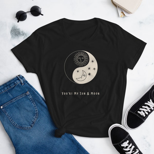Celestial Harmony: Womens Sun and Moon, Yin Yang, Cosmic Duality, Day and Night T-Shirt - Symbolic Balance in Style, Gift for her