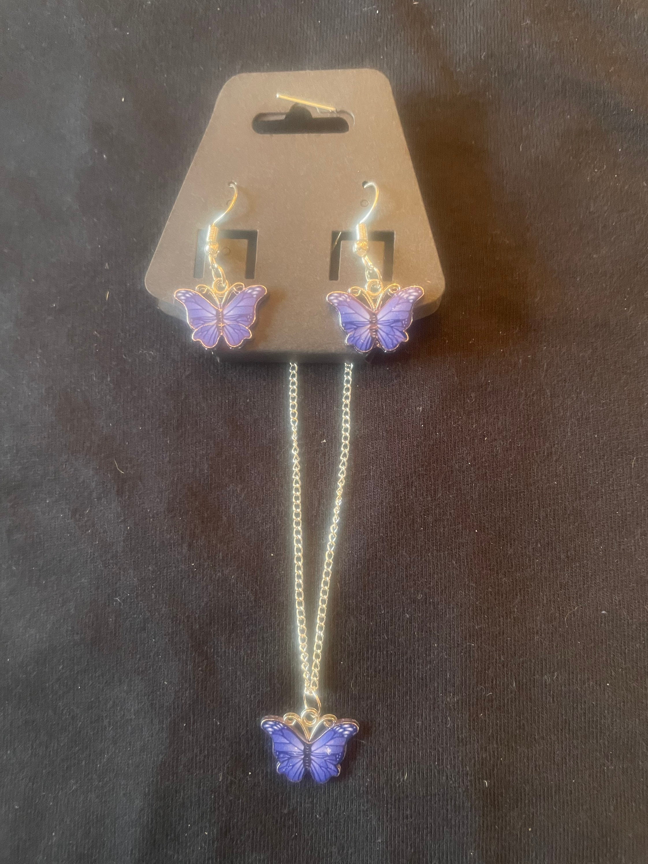 Dark Purple Butterflies Jewellery Set Drop Earrings Pear Crystal Necklace S539 