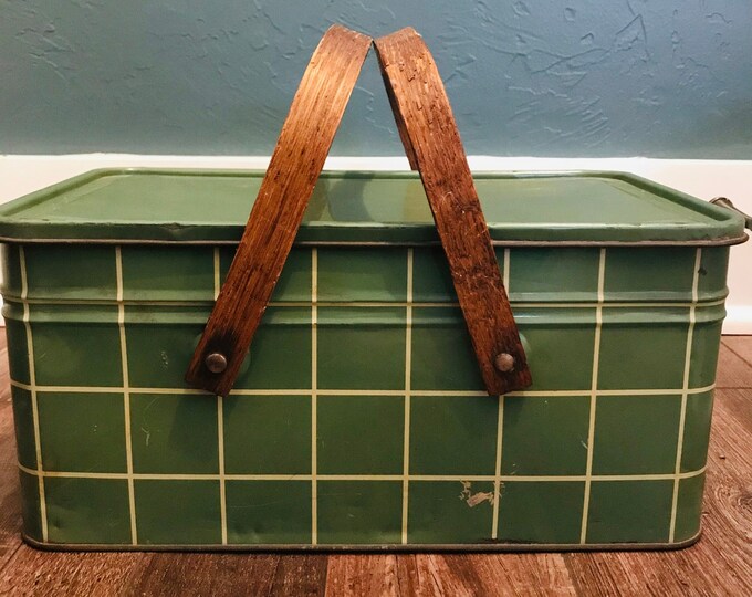 HTF Vintage Green Plaid Metal Picnic Basket With Wooden Handles 1940s
