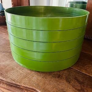 May include: A green plastic food dehydrator with multiple stacked trays. The dehydrator is cylindrical and sits on a wooden surface. The trays are separated by thin black lines.