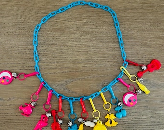 Vintage 1980s Plastic Bell Charm Necklace and Charms