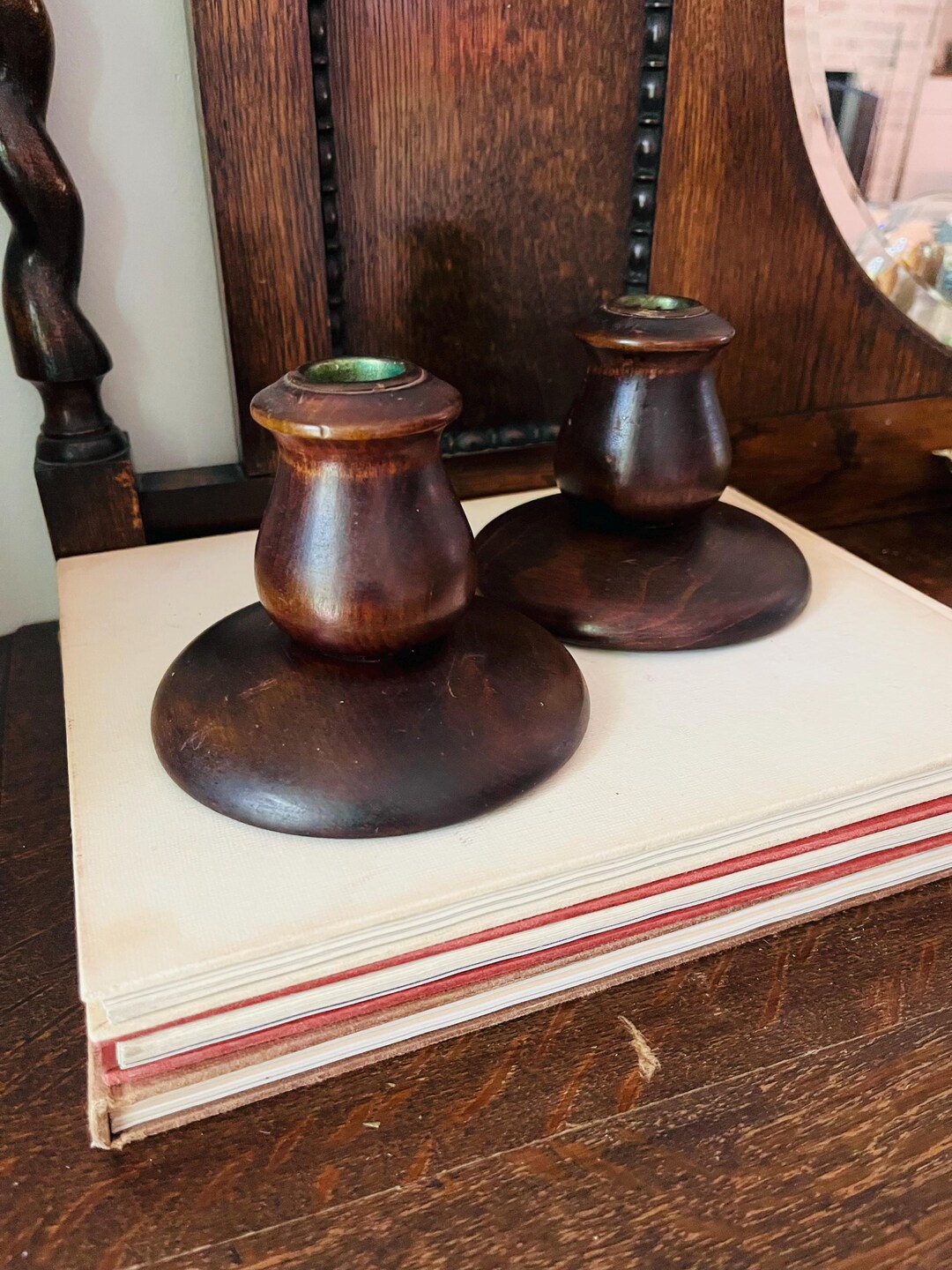 Set of 2 Dark Wood Candlestick Holders - Etsy
