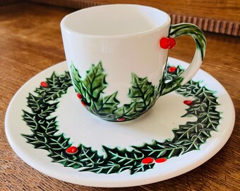 Vintage Lefton Christmas Holly Berry Snack Plate and Cup Set