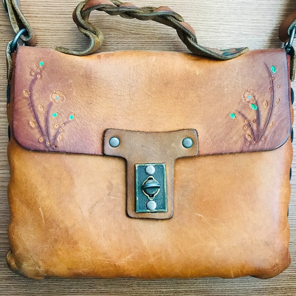 Vintage Leather Messenger Bag with Flower Detail