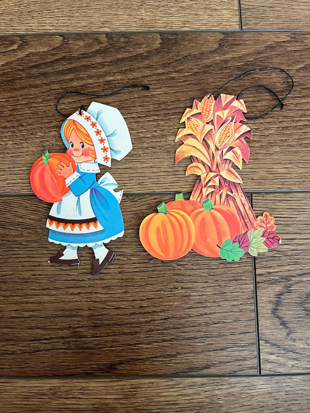 Vintage Fall Die Cut Decor Pilgrim With Pumpkin and Haystack - Etsy