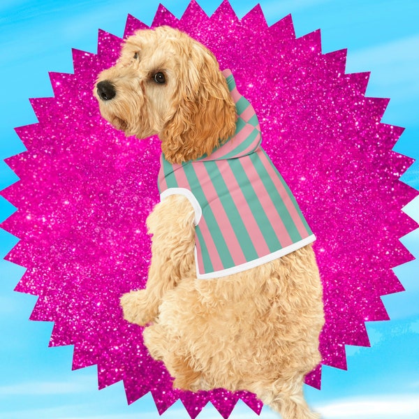 Surfer Beach Dog Costume, Striped Pink and Green Doll Movie Halloween Hoodie for Cats and Dog 5 sizes XXS, XS, S, Medium, L, Extra Large