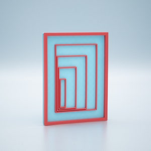 May include: A set of five nested frames with a red outer frame and blue inner frames. The frames are all rectangular and are arranged in a decreasing size order.