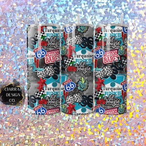 May include: Three stainless steel tumblers with a turquoise, black, and white design. The tumblers feature a variety of graphics, including dice, snakes, cherries, cacti, and the text "Turquoise Junkie a lil bougie" and "Western Babes".