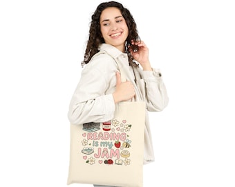 Reading is my Jam Cotton Canvas Tote Bag. Bookish Tote Bag. Gift for book lover. Reading Tote Bag. Tote bag for book lover