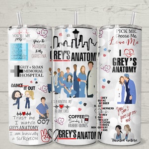 Grey&#39;s Anatomy 20oz skinny Tumbler. Grey, yang, Alex, mcsteamy, mcdreamy, 007