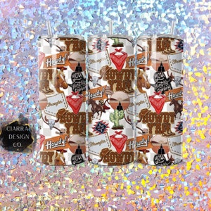 May include: Three insulated tumblers with lids and straws. The tumblers display a repeating pattern of cowboy-themed graphics, including horses, boots, bandanas, and the phrases "Howdy Y'all" and "You Ain't No Cowboy."