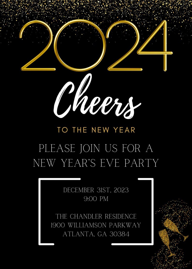 Editable 2024 New Years Eve Party Invitation, Black Gold Party