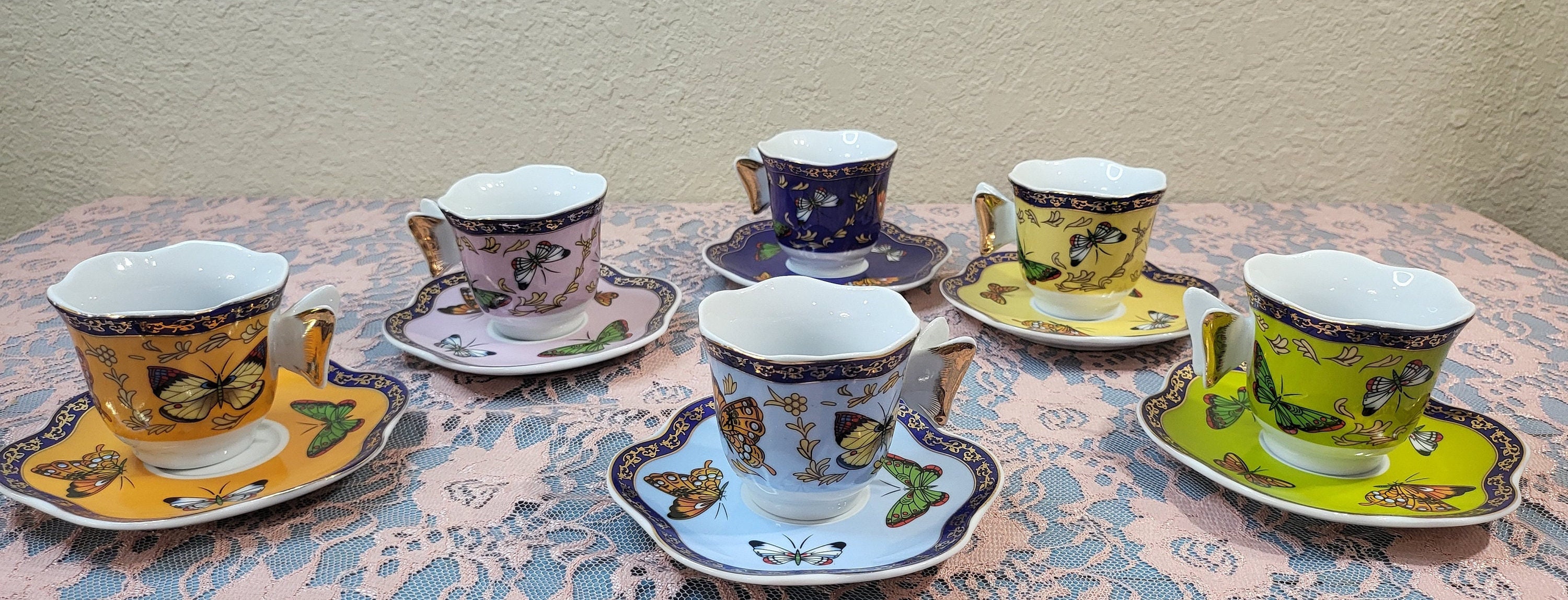 Schwarz & Bloomberg 24k Gold Trimmed Butterfly Expresso Cups and Saucer Set of 6
