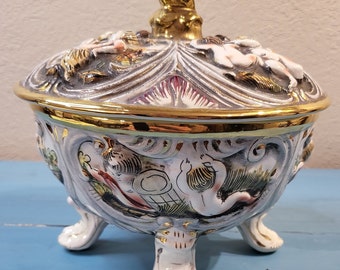 Very Rare Capodimonte Cherub Lidded and Footed Dish Made in Italy with Gold Accent