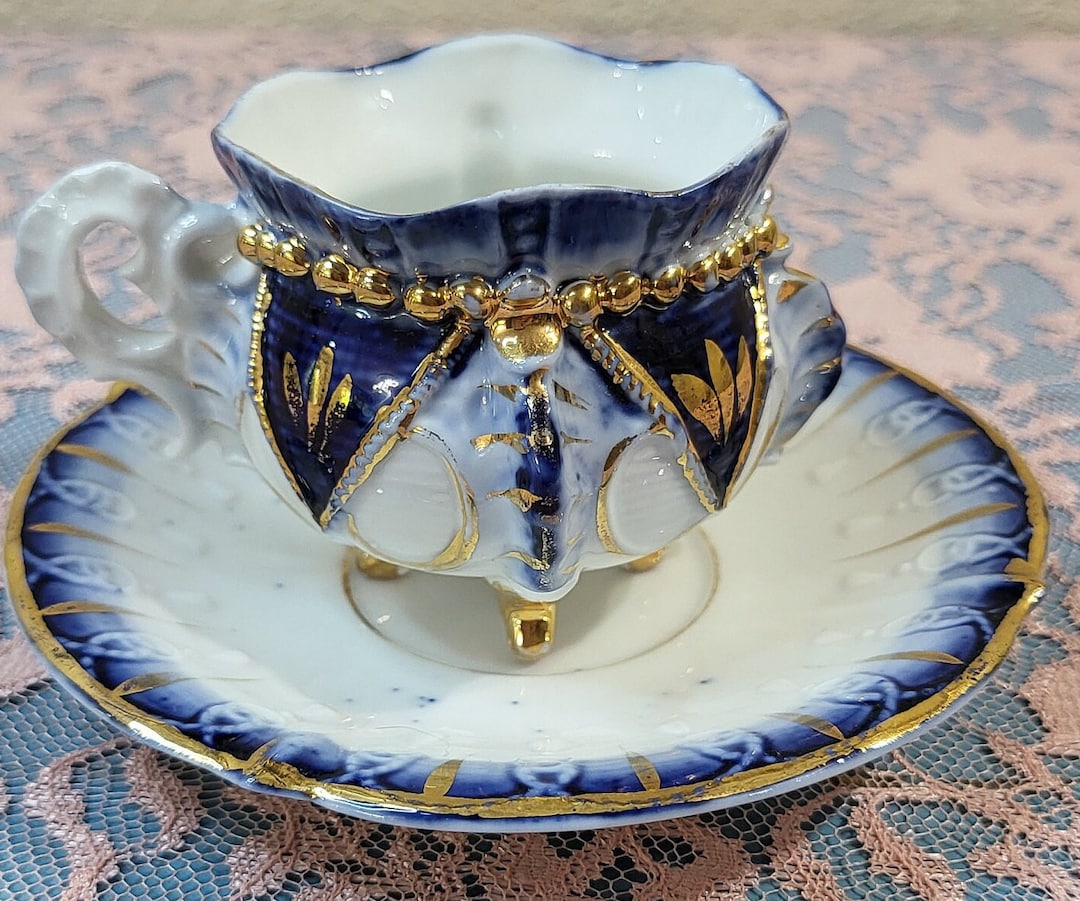 Blue and White Tea Cup Set With Gold Accents Etsy