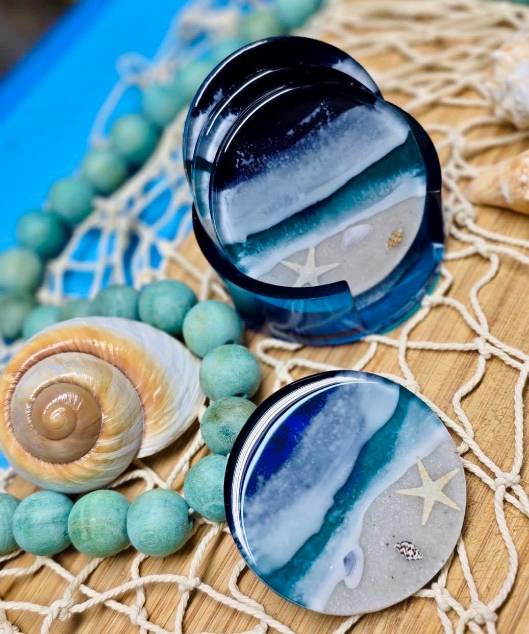 Ocean Coasters 4pk | Beach Decor | Home Decor | Coasters | Beautiful Decor | Unique Gift | Holiday Gift | 3.4in | Nautical | Kitchen | Room
