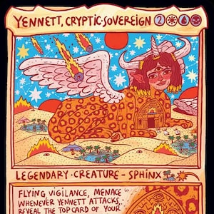 May include: A collectible trading card titled Yennett, Cryptic Sovereign, featuring a winged, leopard-spotted sphinx with three eyes and a horn. The background shows a desert landscape with falling meteors, palm trees, and a temple entrance.