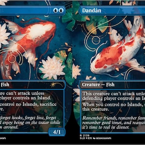 May include: Two Magic: The Gathering trading cards titled Dandân, each featuring a red and white koi fish swimming in dark blue water among white water lilies. The cards display game text, a 4/1 power and toughness, and gold line art accents.