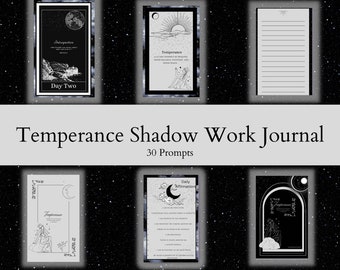 May include: A Temperance Shadow Work Journal with 30 prompts. The journal has a celestial design with illustrations of the sun, moon, and stars. The pages are framed with decorative borders and include affirmations and prompts for self-reflection.