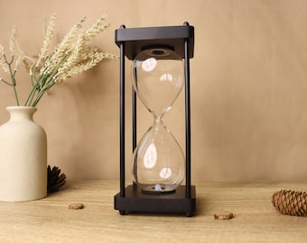 Navulbare zandloper van zwart hout met gepersonaliseerde gravure | Lege zandloper met timer van 1-5 minuten voor een bruiloft | Decoratief cadeau voor een housewarming